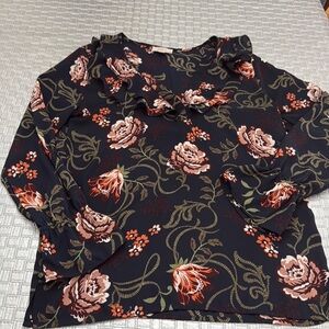 LOFT Outlet Floral Ruffle V-Neck Blouse Navy Orange Long Sleeve Top Size 8